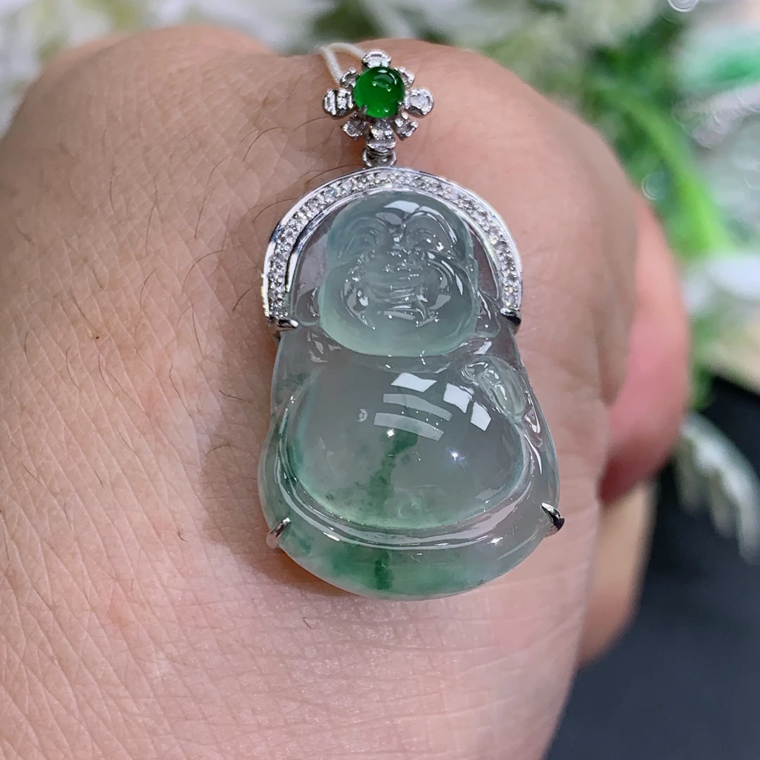 尺寸30.4×15.4×8缅甸天然翡翠A货18k金冰晴底飘花布袋佛吊坠