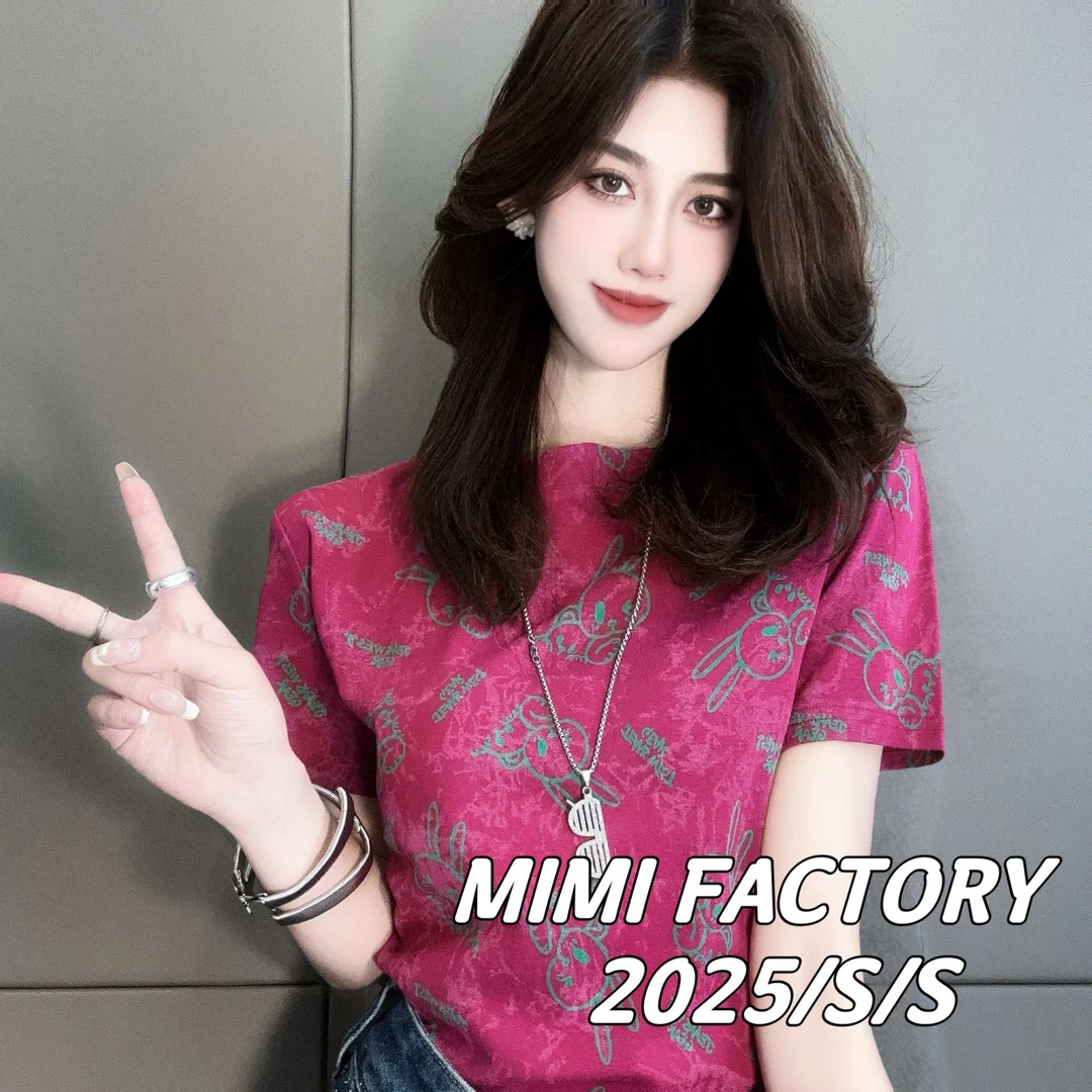 芈芈 2025新款短袖 欧货小兔满印短袖T恤女修身显瘦百搭上衣3016#