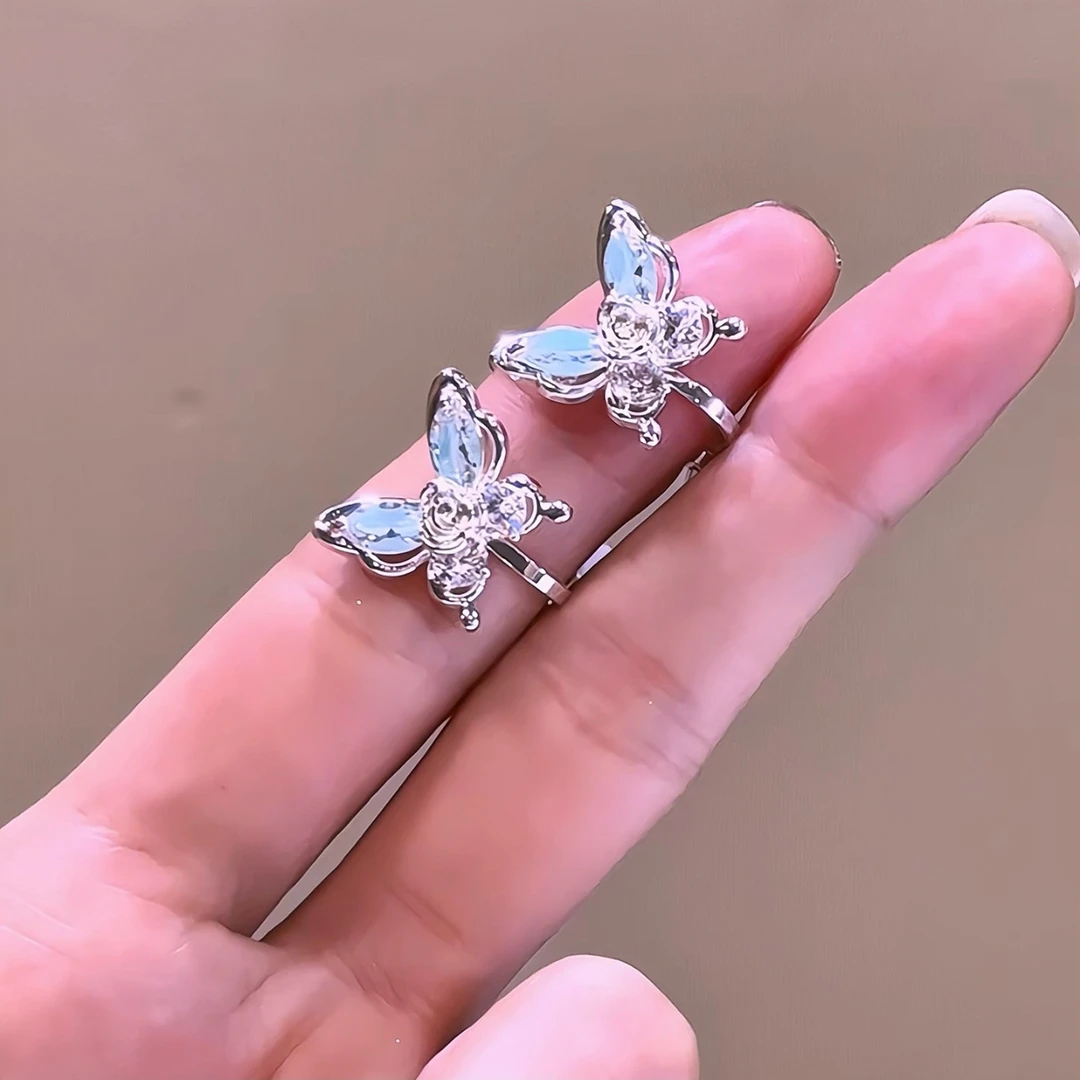 铜合金合成锆石耳饰 Y011 银色蝴蝶新品耳夹（三角耳夹）