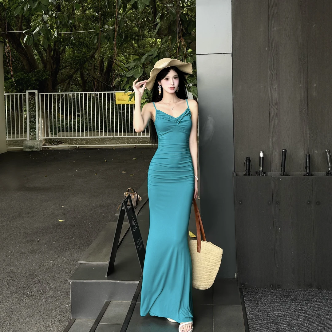 TITI 细肩带胸前扭结新款腰部褶皱显瘦收腰包臀鱼尾后妈长裙女