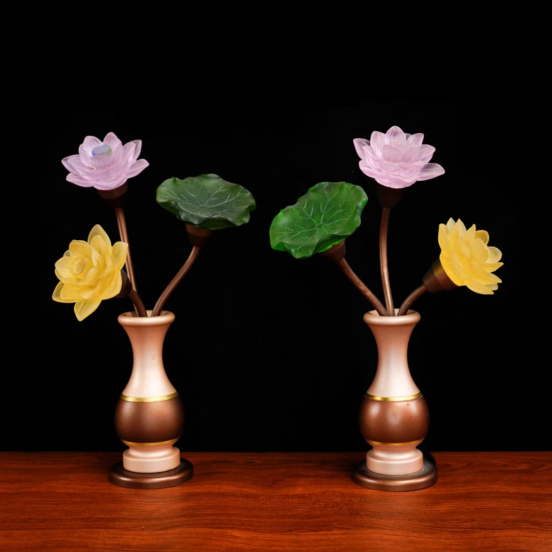 青莲梵境《宝瓶莲花灯》全黄铜古法琉璃彩色led插电家用宝莲长明灯