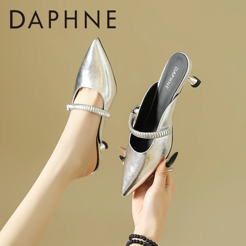 达芙妮银色法式半拖鞋女鞋外穿夏季配裙子凉鞋玛丽珍高跟单鞋凉拖