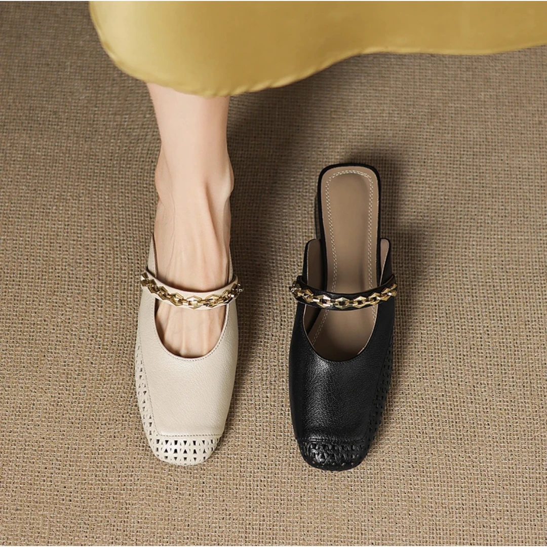 轻奢鞋子新款春夏百搭羊皮中高粗跟包头半拖鞋女懒人日常休闲纯色