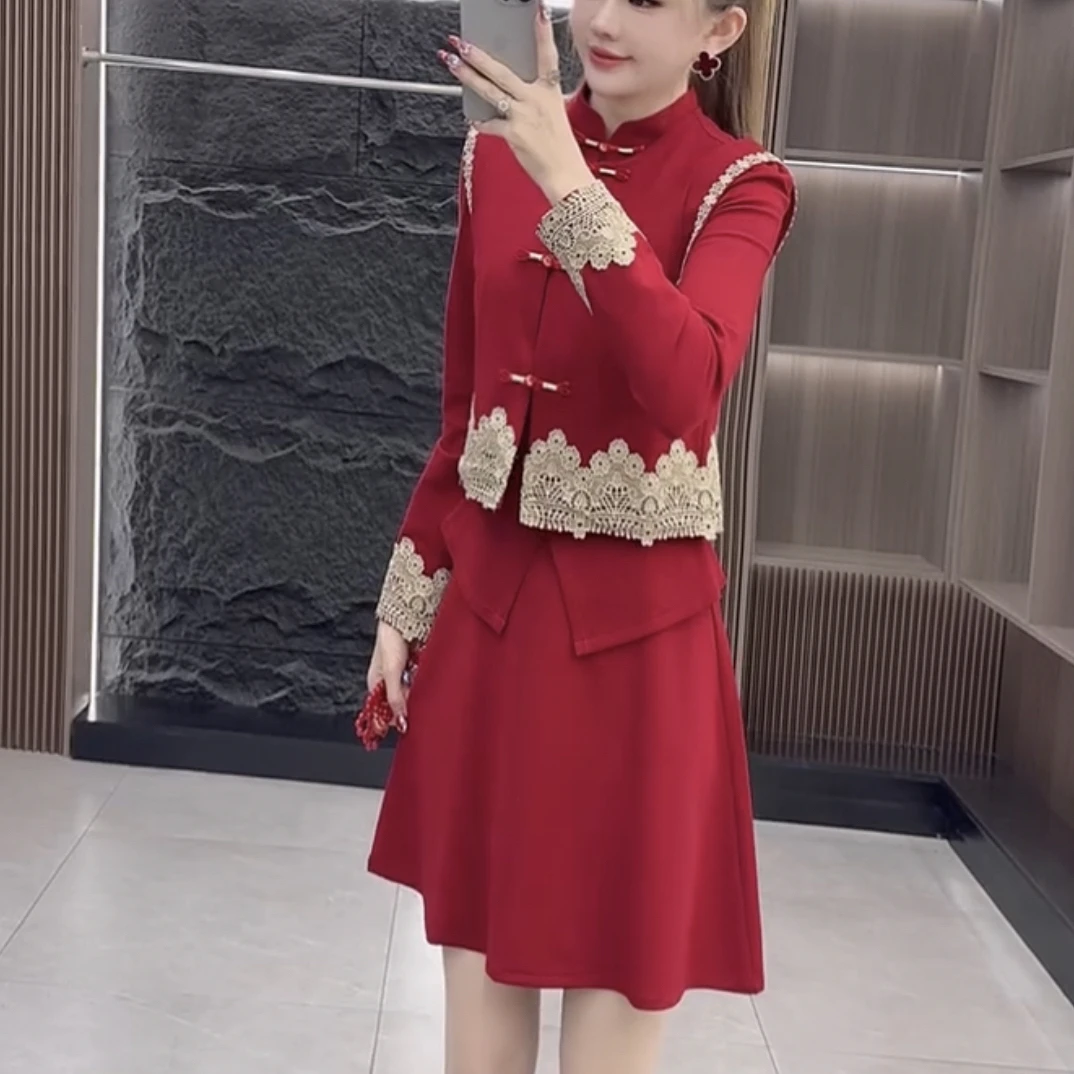 冬季新款刺绣新中式国风复古马甲收腰显瘦连衣裙两件套