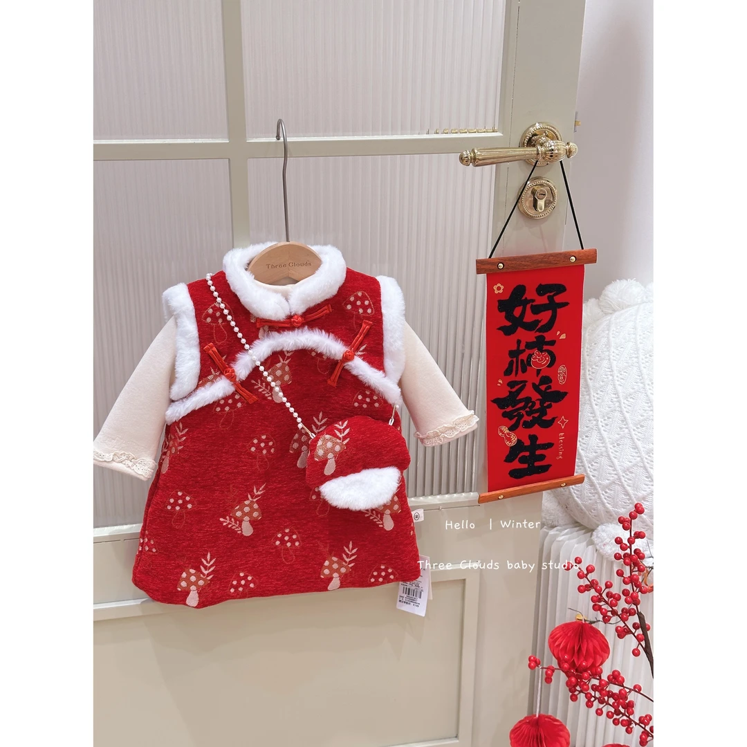 三小朵2393女童夹棉拜年服冬季中国风女宝宝加厚连衣裙儿童年服