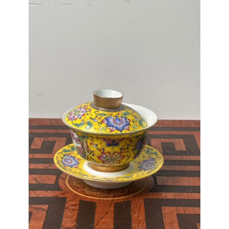 景德镇陶瓷三才盖碗（缠枝莲开窗花鸟）