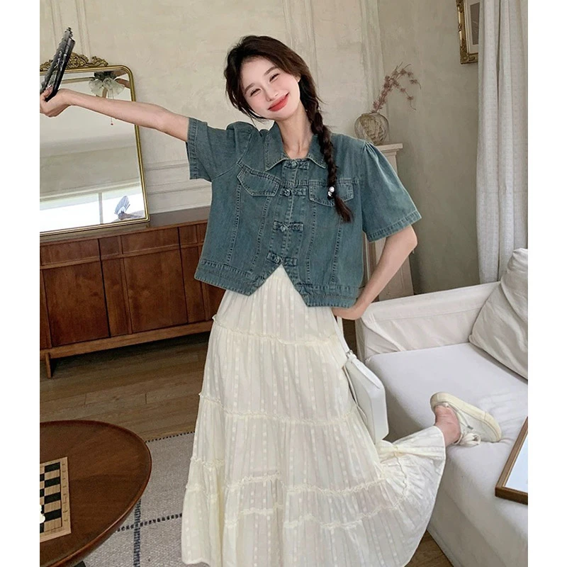 慵懒漂亮牛仔短袖衬衣女夏季薄款设计感复古盘扣小衫上衣短外套潮