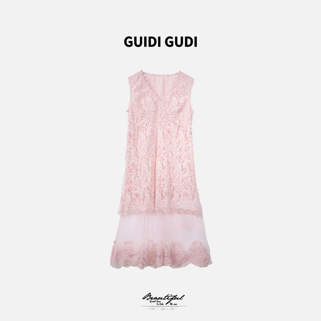 GUIDI GUDI【云水谣】蕾丝镂空女人味连衣裙/黄加蓝 L9521120H