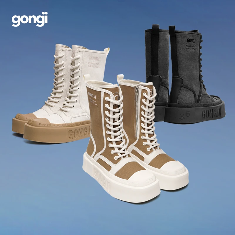 GONGJI共迹 方寸之地复古休闲厚底帆布英伦风增高显瘦靴子 JGPY