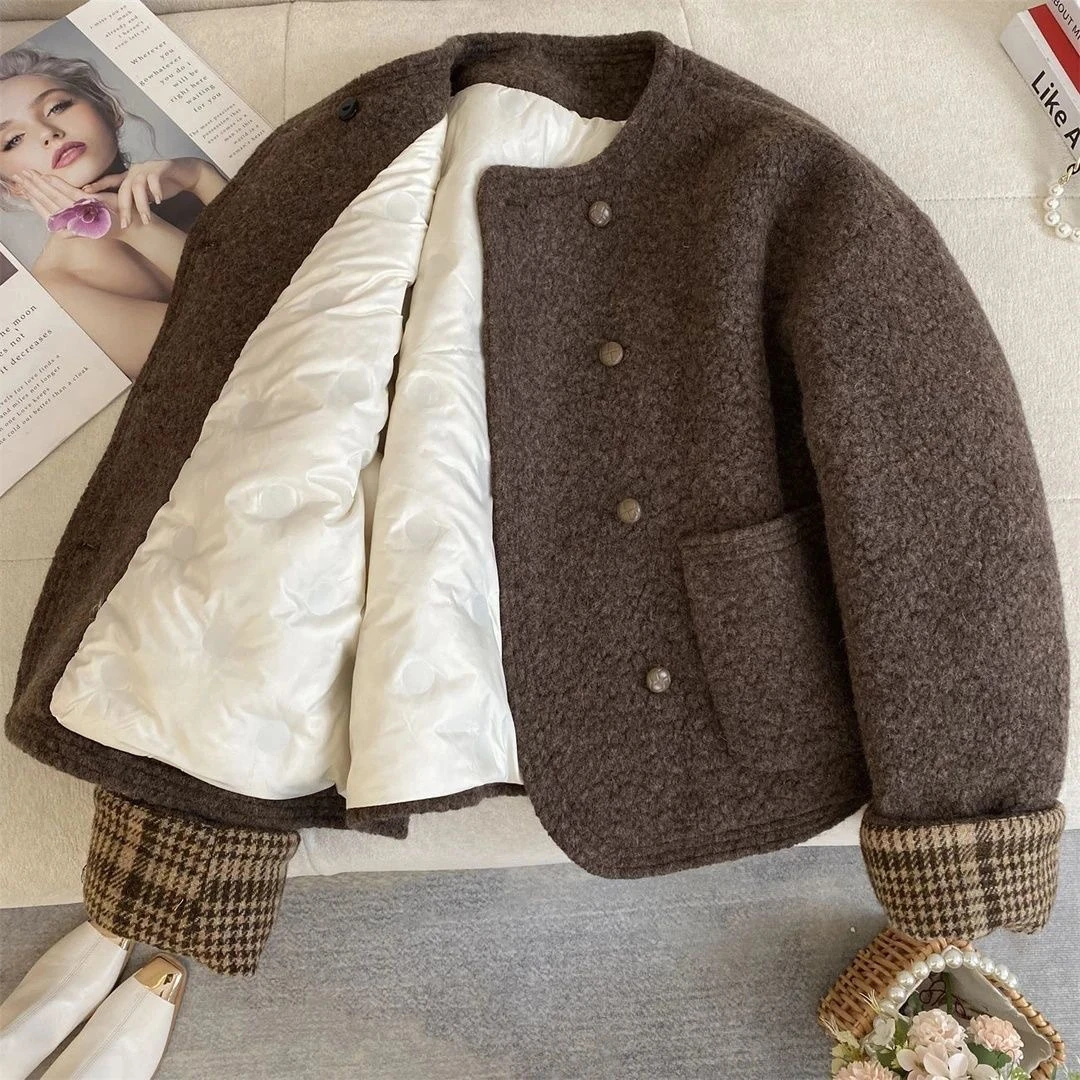 拼接香风新款时尚秋冬格子小个子内胆上衣加厚外套有吊牌源头工厂