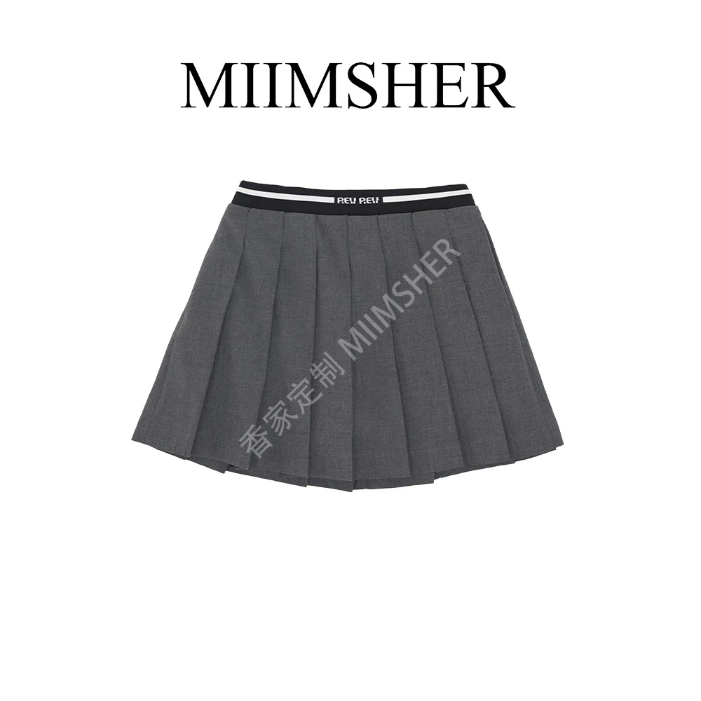 撞色橡筋织带中腰百褶裙半身裙短裙辣妹JK风设计感裙子MS245096