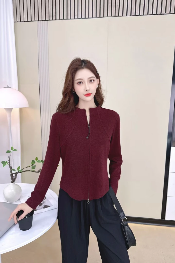 5002【衣长52】时尚双拉链开衫外套女2025春秋新款气质显瘦打底上衣