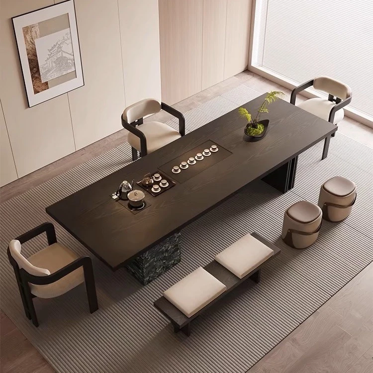 实木客厅茶桌简约办公室嵌入一体式功夫茶台黑色泡茶桌椅