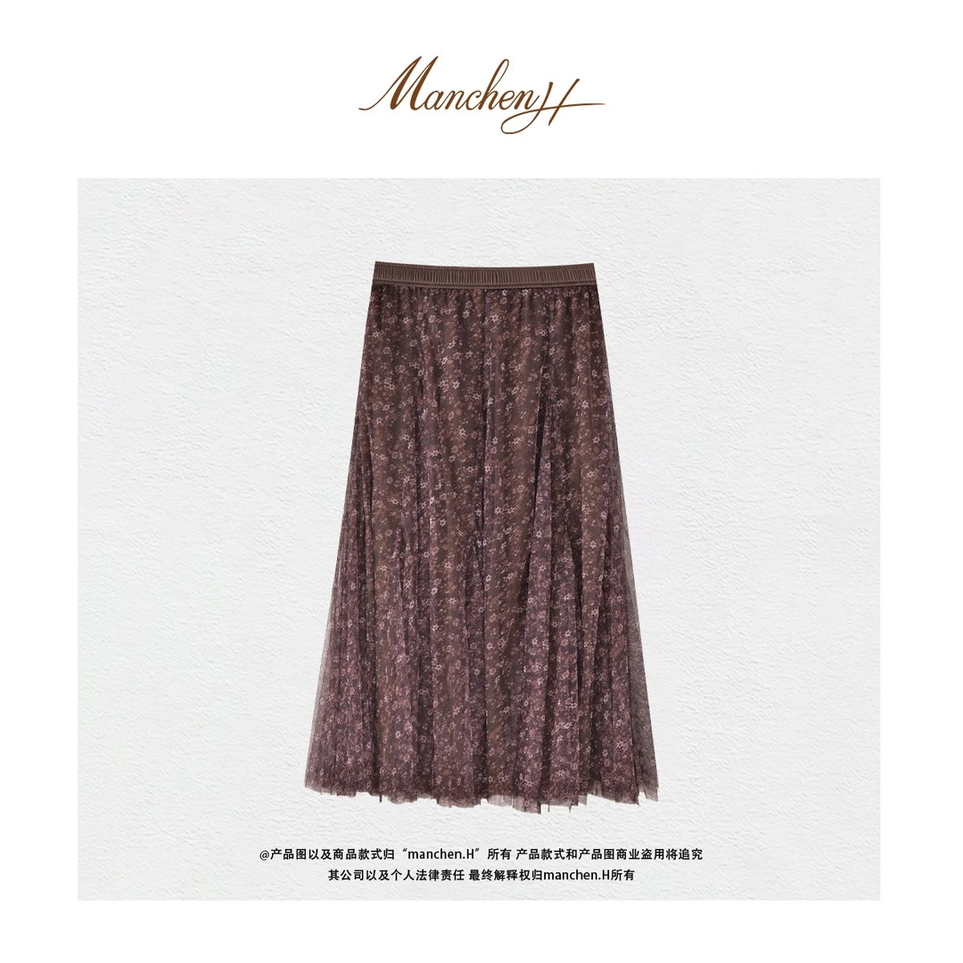 曼辰manchenh"黛纱花信"重磅印花双层碎褶伞摆飘逸半裙（松紧腰）