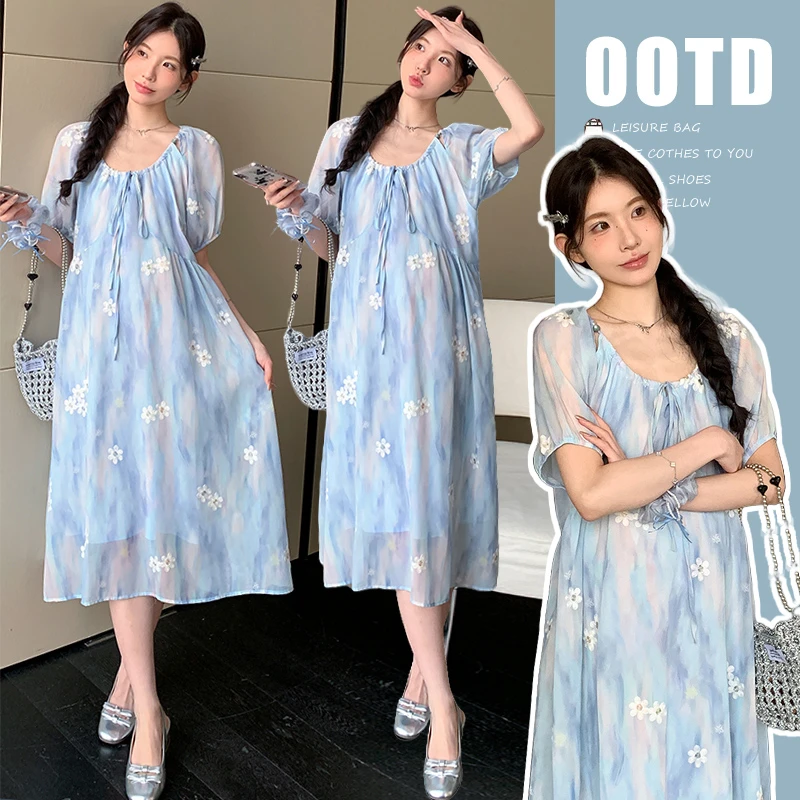 孕妇装夏季2025新品刺绣提花中长款连衣裙时尚显瘦孕妇连衣裙