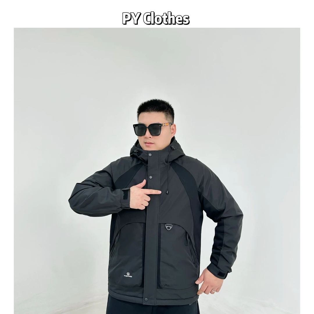 【二棉】胖语大码男装 2025冬季重工拼接工装风休闲连帽棉服W9805#H