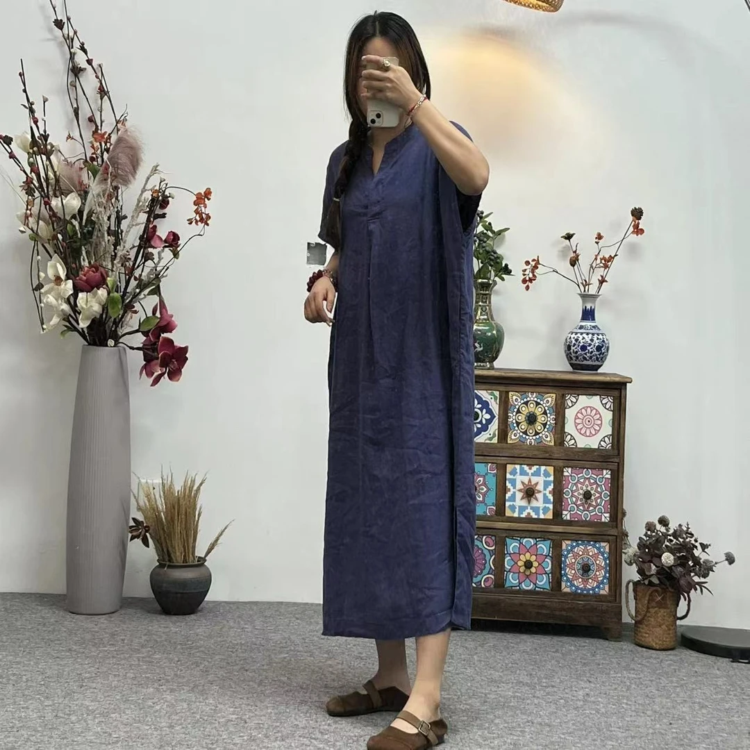 梦姐棉麻原创设计复古V领连衣袍裙（裙长118胸围140）