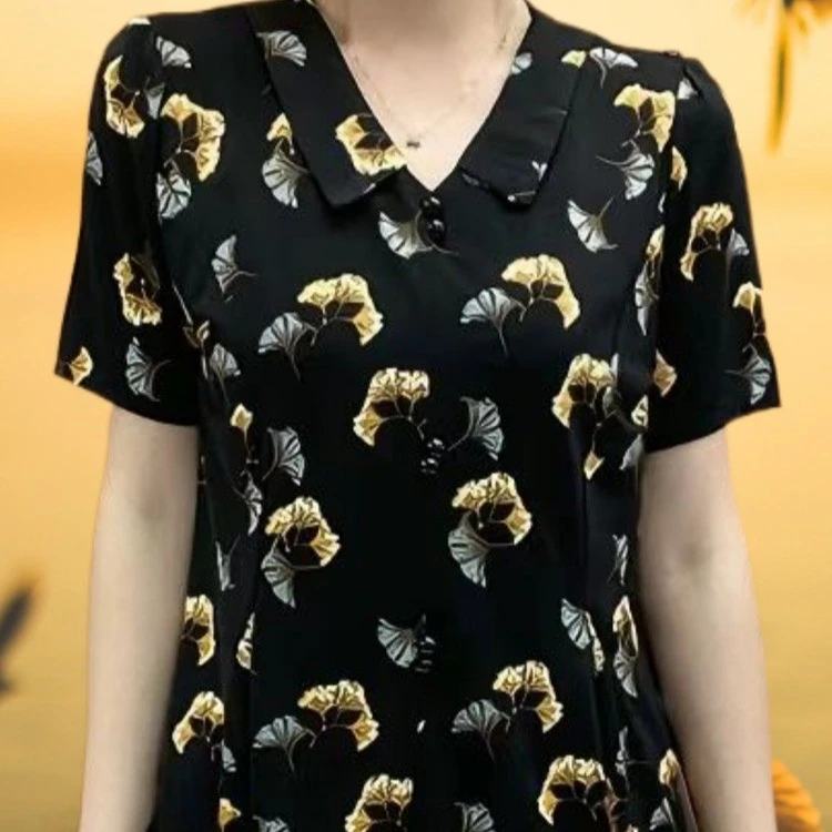 妈妈装夏季新款时尚百搭短袖印花T恤上衣女休闲翻领气质减龄小衫