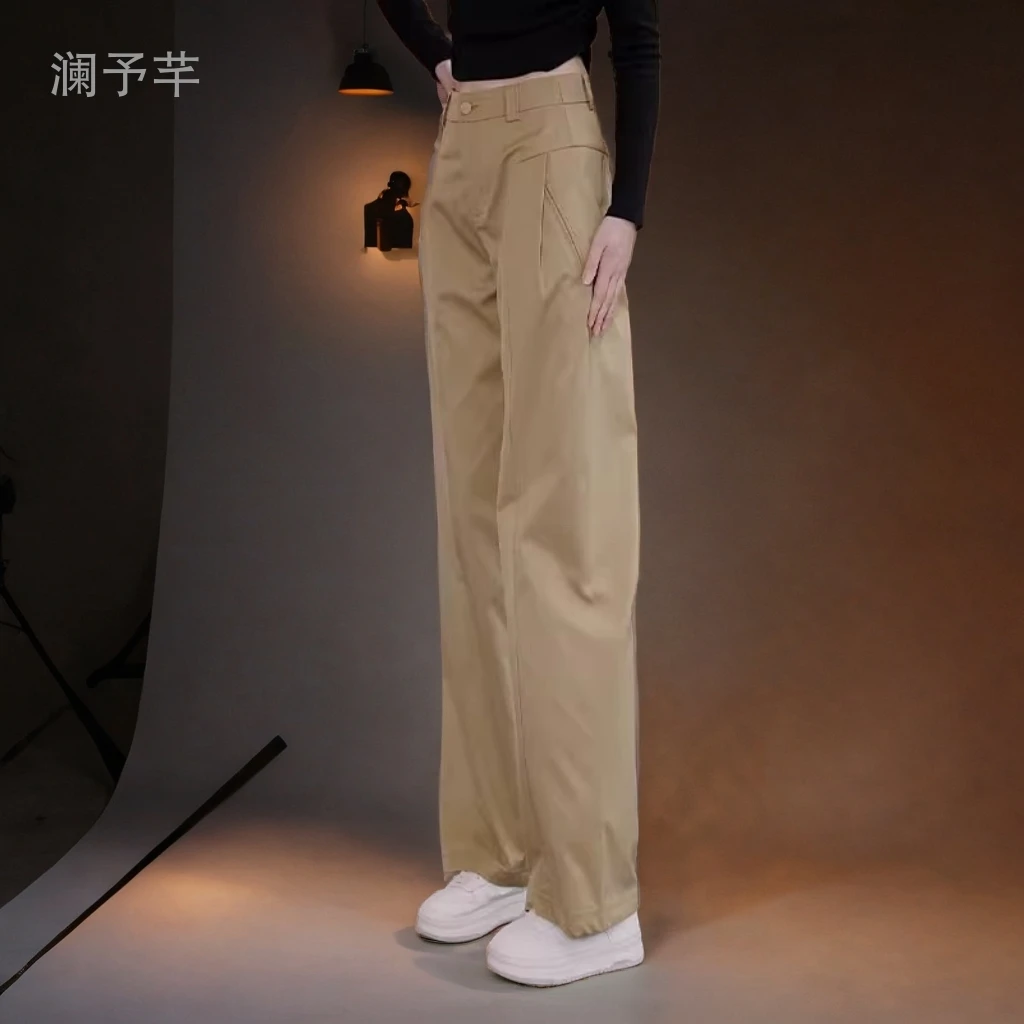 2025春秋新款卡其色高腰显瘦西装窄版阔腿女休闲直筒裤子