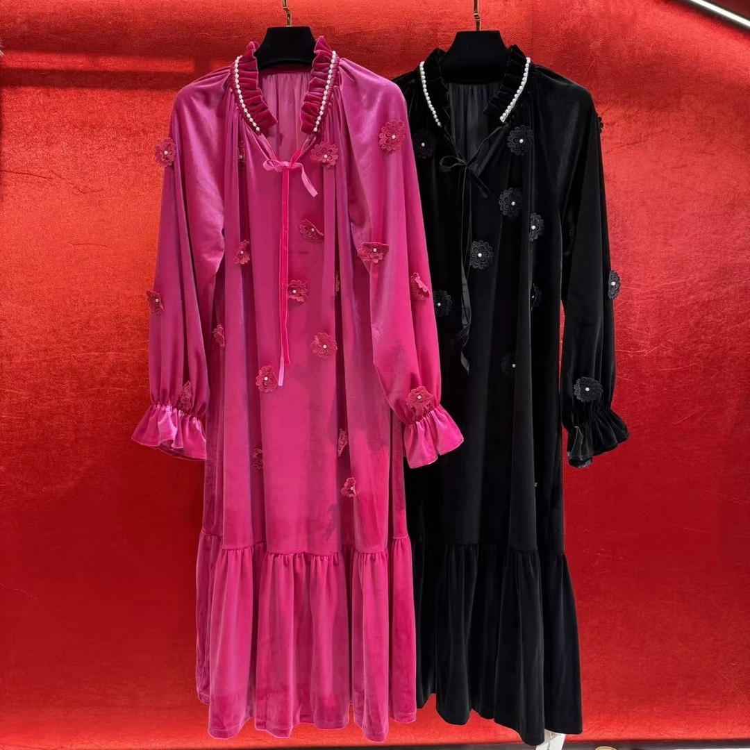 DanDancollectionstore【热恋花苯】设计师秋冬立体花长款连衣裙