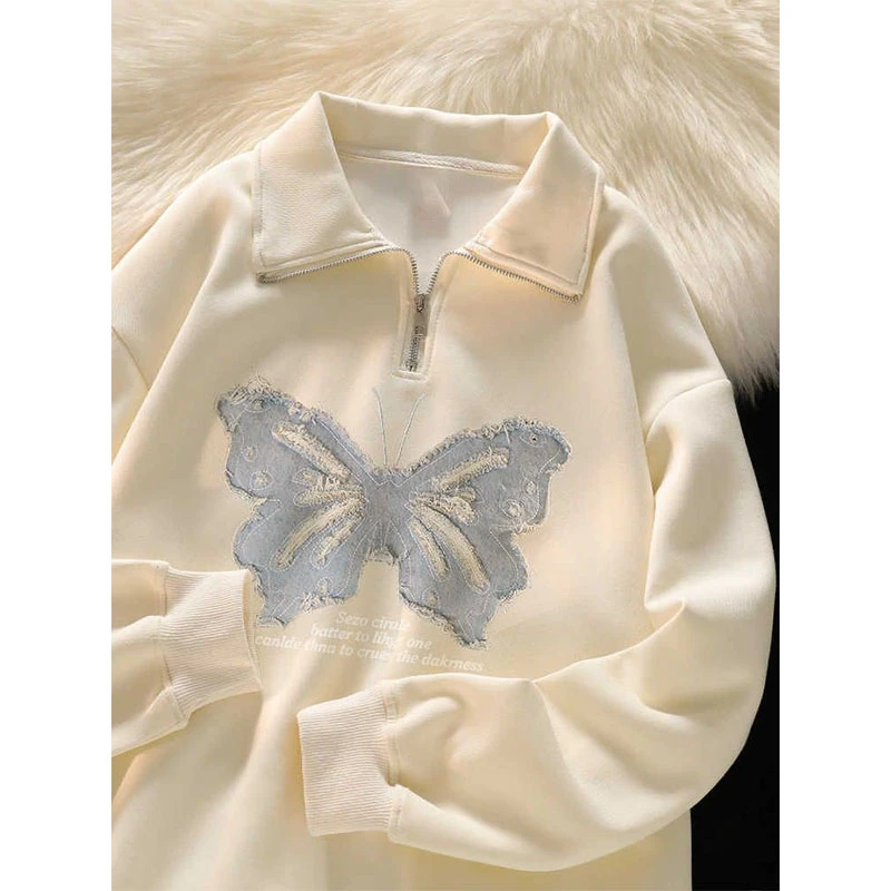 韩系chic复古蝴蝶印花Polo领卫衣女秋冬季加绒加厚半拉链外套上衣
