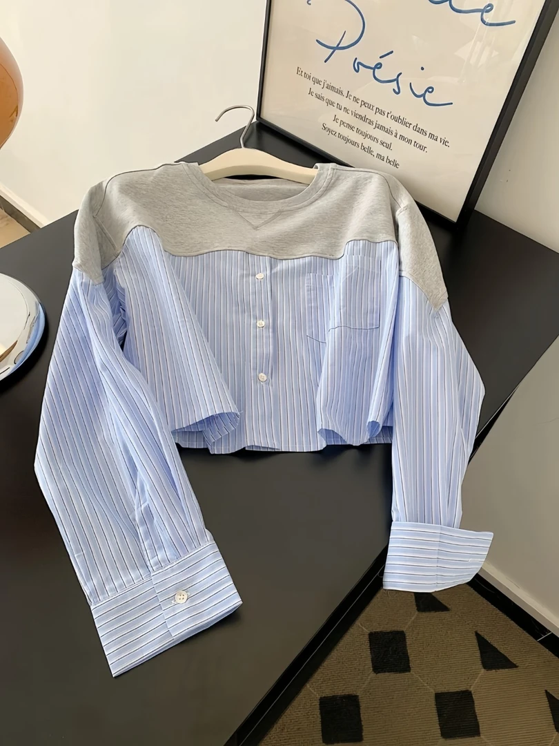 假两件韩系无帽卫衣女款小个子短款设计感小众上衣显瘦正肩2025春