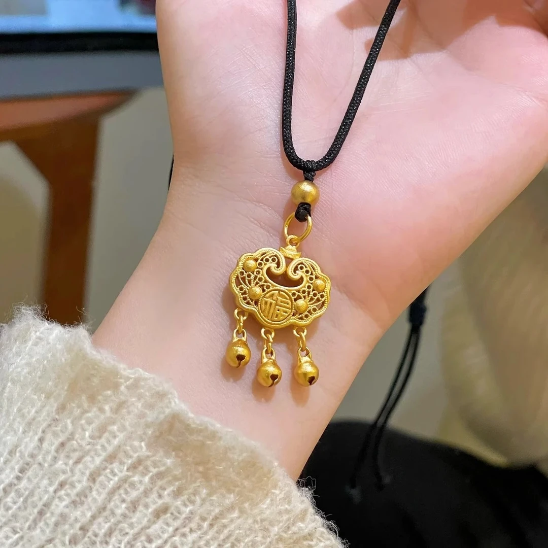 铜合金项链 新中式平安如意吊坠项链古法金色复古国风锁配饰
