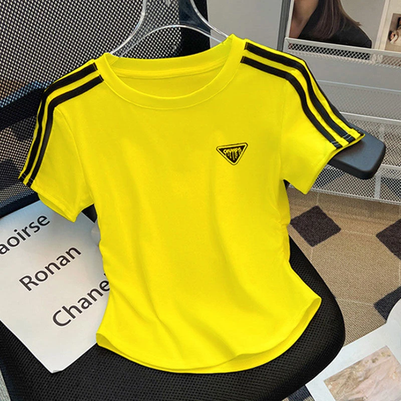 中国风三条杠短袖t恤女2025新款夏小众别致褶皱收腰短款修身上衣