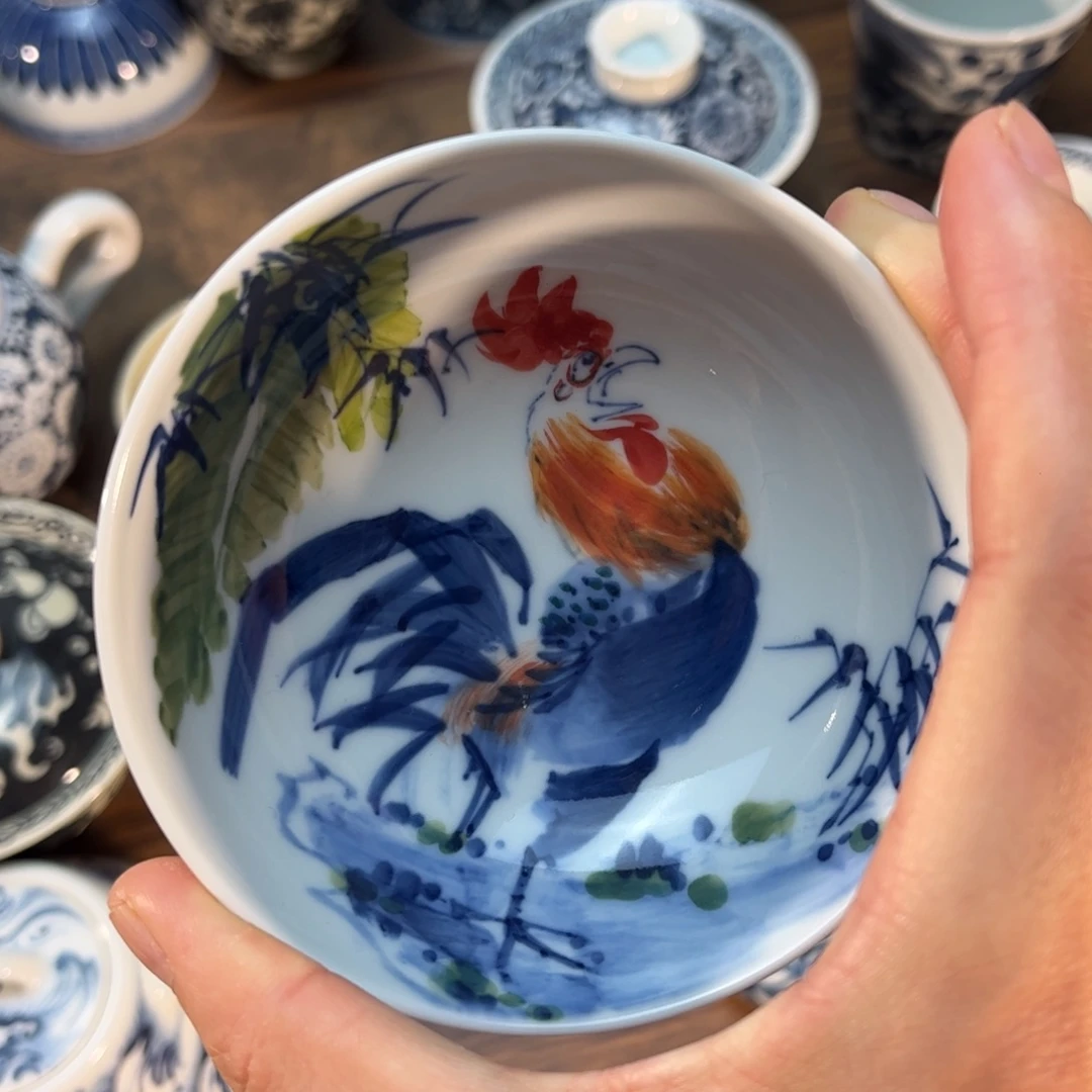 杯子景德镇青花釉下五彩公鸡杯