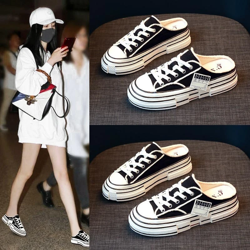 红青蜓夏季新款包头松糕厚底帆布半拖鞋女懒人孕妇一脚蹬单鞋