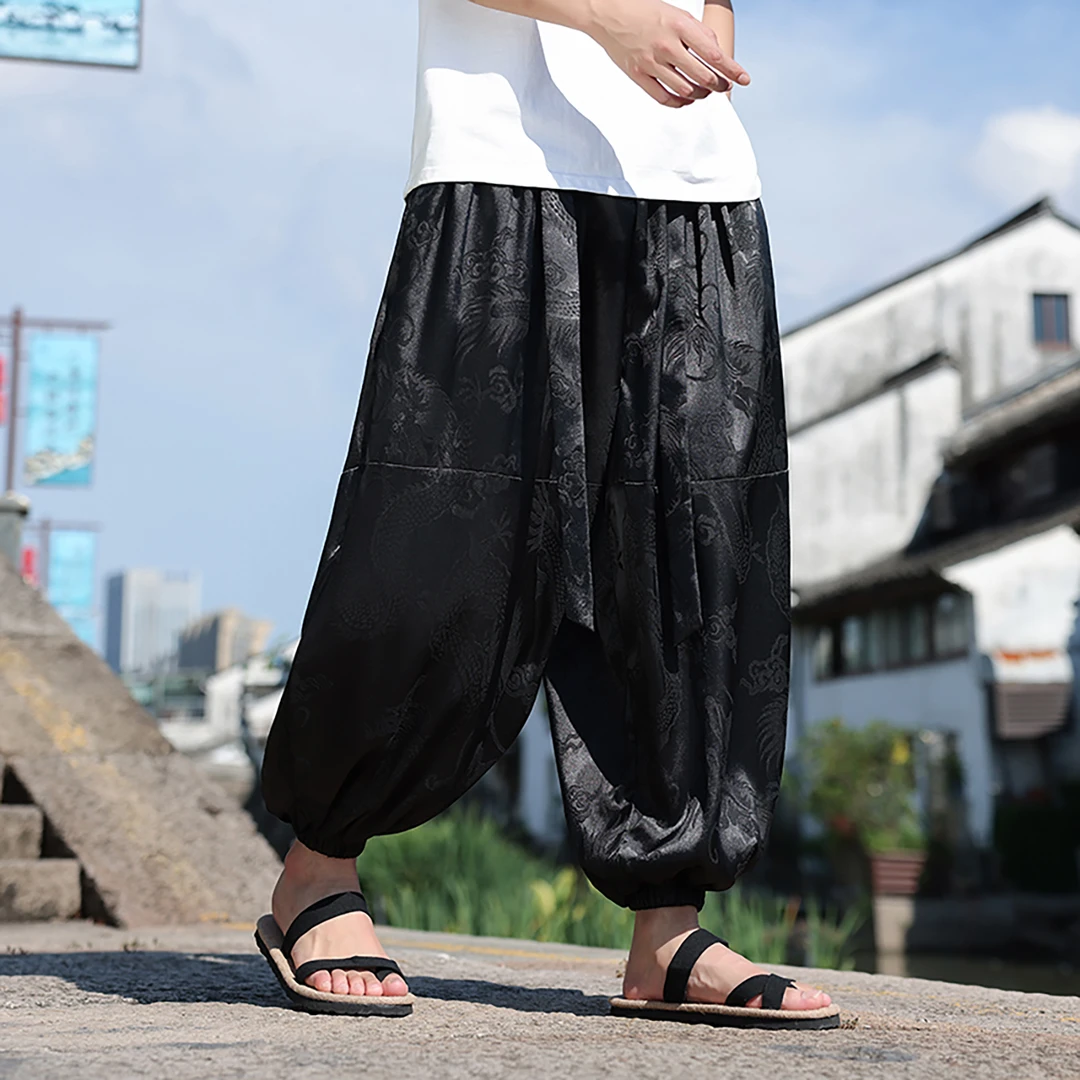 夏季轻薄款冰丝凉感速干裤男中国风龙纹提花大码宽松阔腿运动裤潮