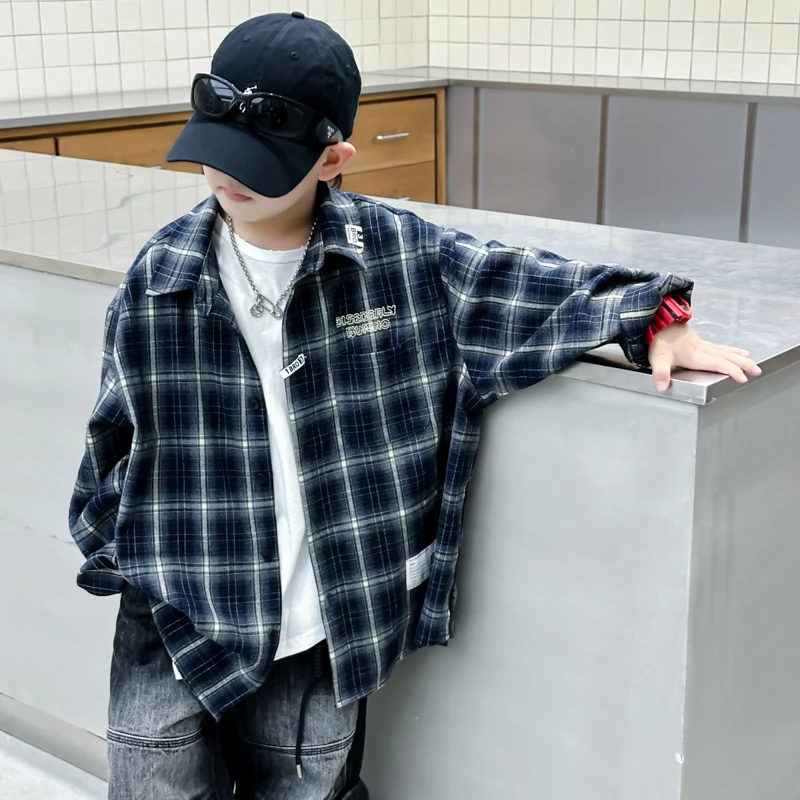 男童衬衫格子春秋宽松2025中大童休闲韩版长袖儿童秋季上衣潮洋气