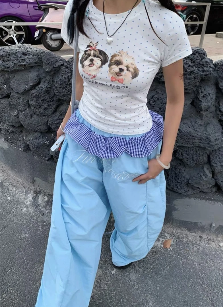 女童蓝波点狗狗蝴蝶结辣妹上衣 a016