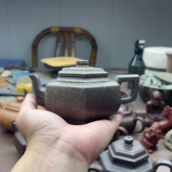 茶壶紫砂六方雪华，手磨料（段泥）