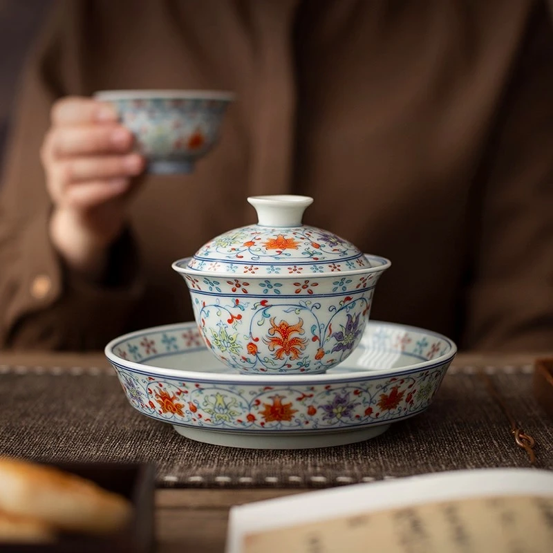 新款珐琅彩缠枝莲青花釉下彩功夫茶具套装悬停三才盖碗茶杯家用
