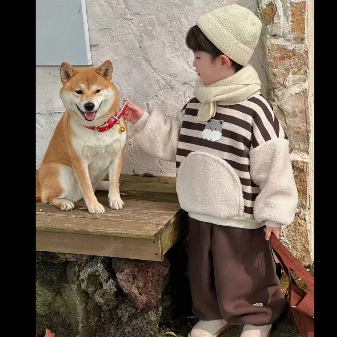 【现货捡漏】儿童套头卫衣冬季2024男童条纹拼接卡通男童加绒卫衣