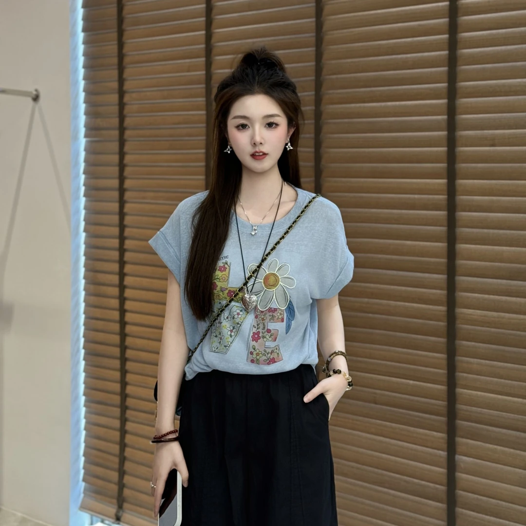 宿慕SUMU 女装重工刺绣设计感短袖T恤6-17夏季2025新品上衣1232