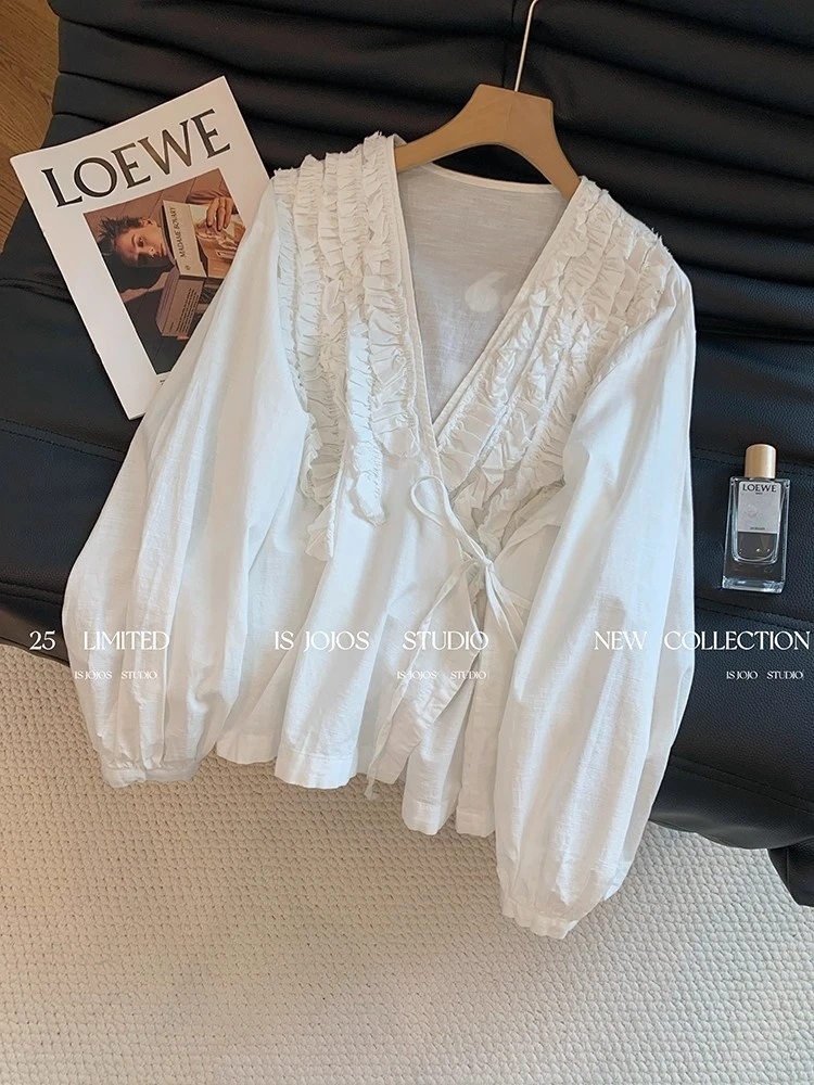 法式木耳边V领系带休闲衬衫女2025早秋新款宽松高级百搭气质上衣