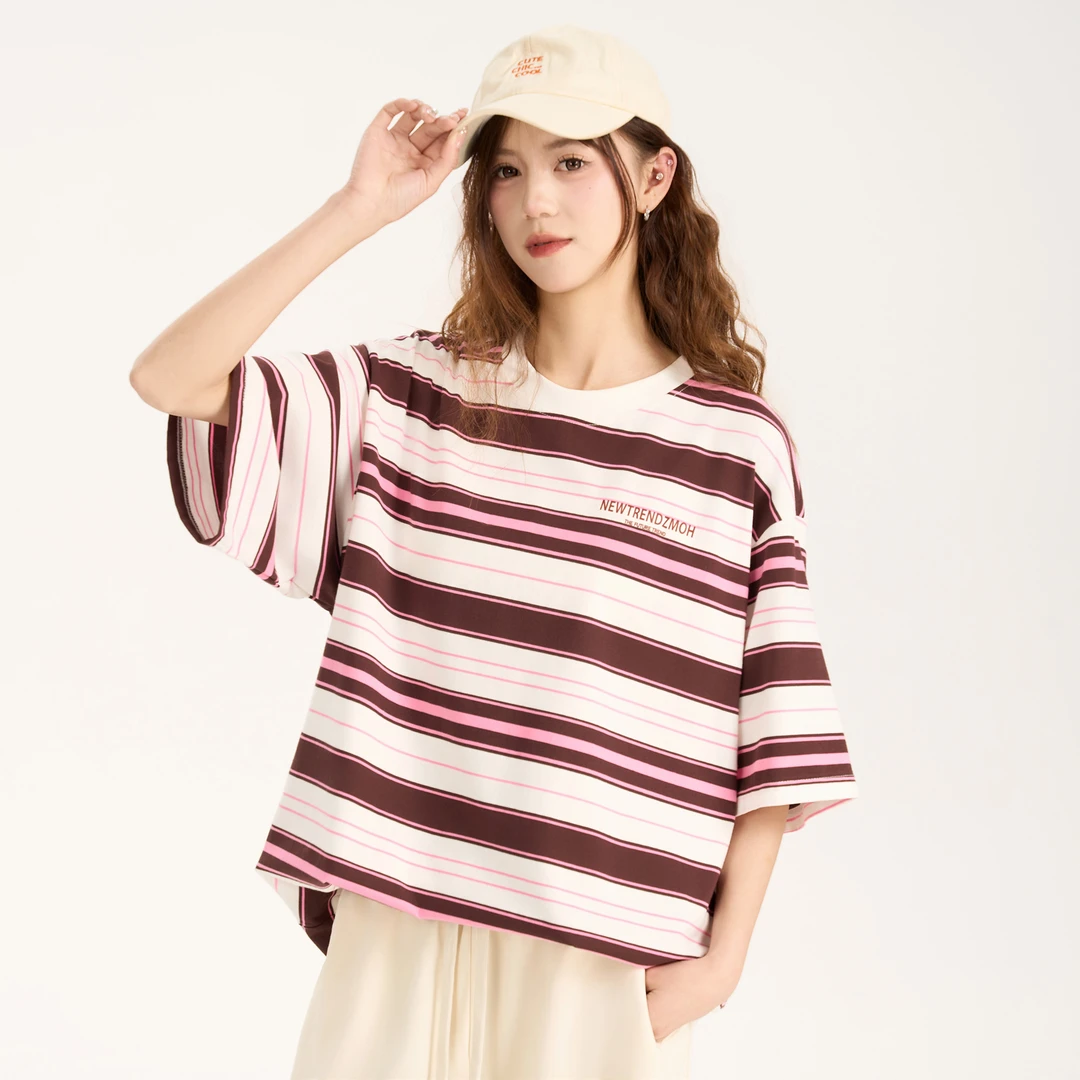 ZMOH条纹短袖t恤宽松圆领美式hiphop撞色拼接半袖上衣情侣款上衣