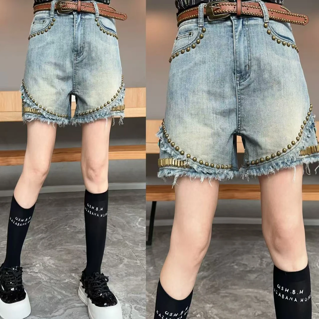【YJ·高定】2025夏季薄款铆钉刺绣高腰修身毛边显瘦牛仔短裤女YK737