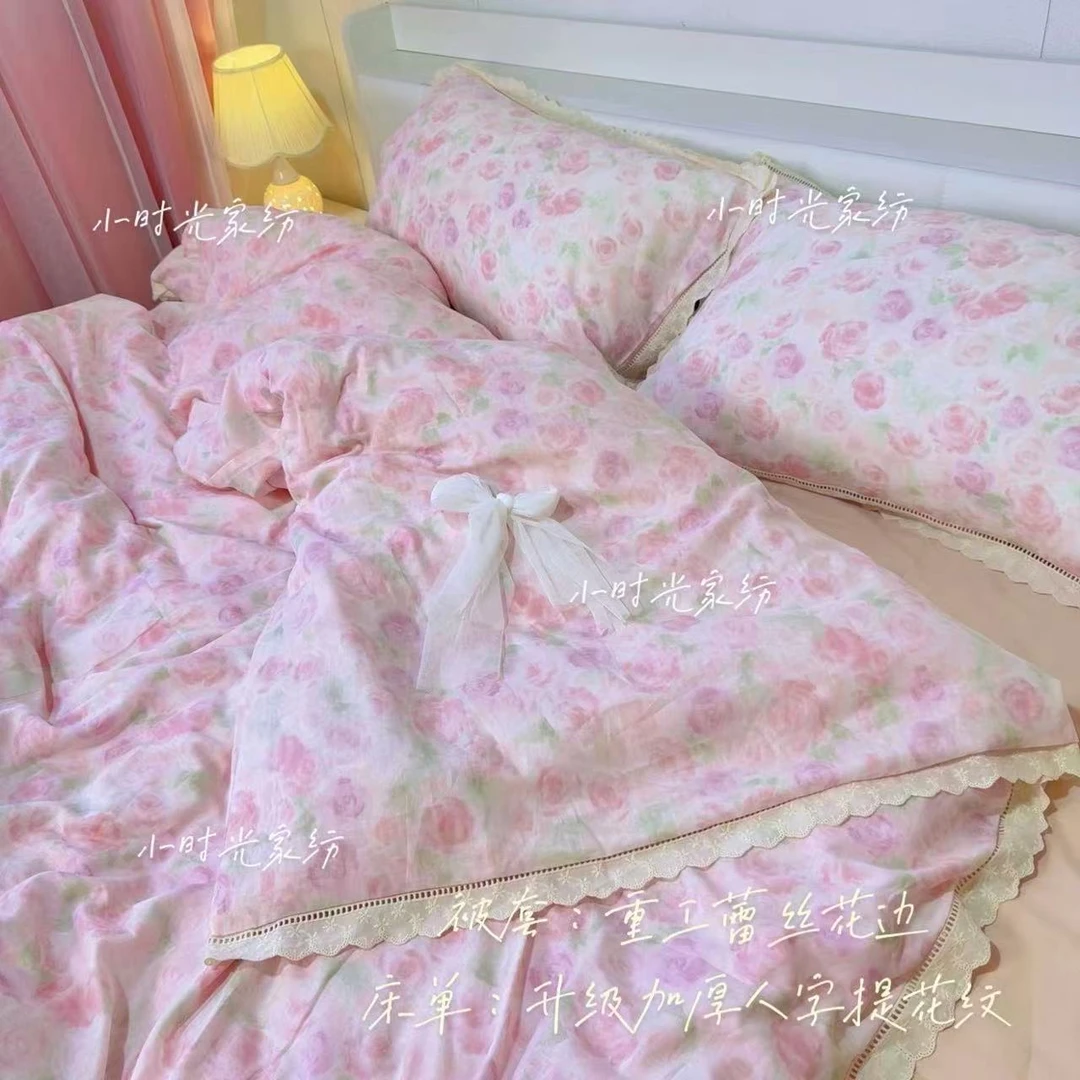 升级全棉双层纱纯棉床品套件四件套母婴级贴肤柔软A类花边小清新