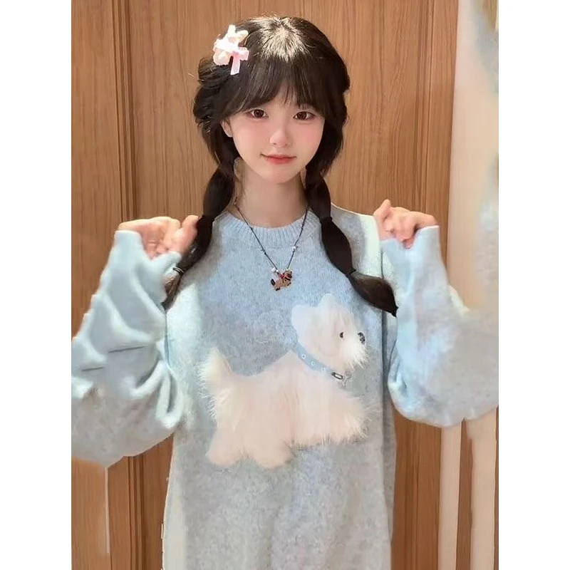 日系学院风软糯提花小狗针织毛衣套头女2025秋冬新款宽松慵懒上衣