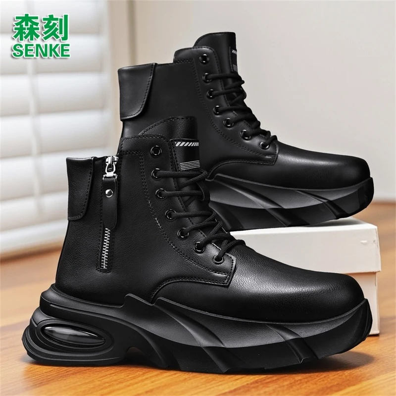 森刻男鞋2025新款秋冬英伦风百搭休闲皮鞋厚底高帮黑色工装马丁靴