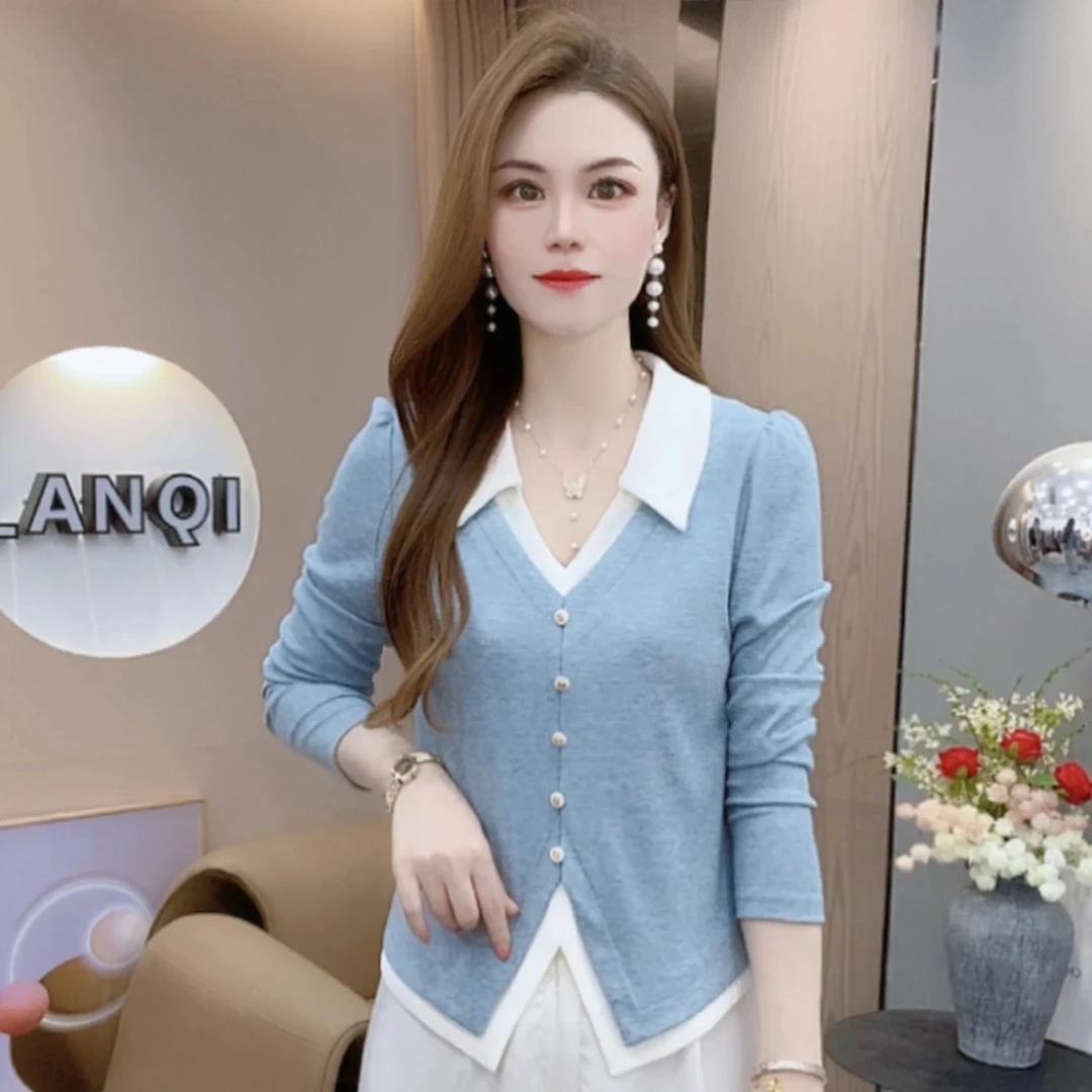 时尚撞色V领衬衫女士秋季新款假两件洋气长袖上衣胖mm遮肉打底衫