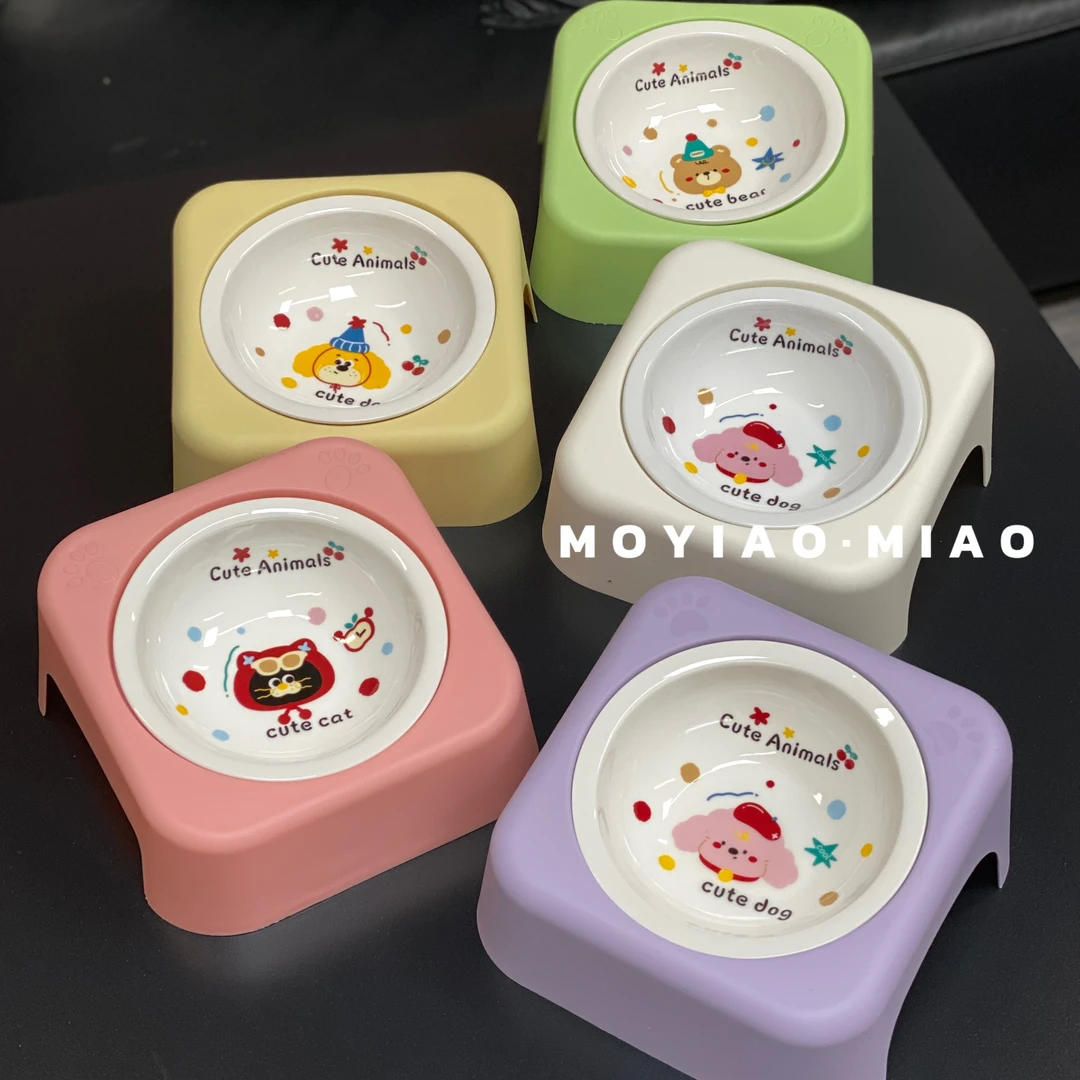 摸一凹·喵 童趣陶瓷斜口护颈宠物碗猫咪粮碗水碗狗狗食盆马卡龙