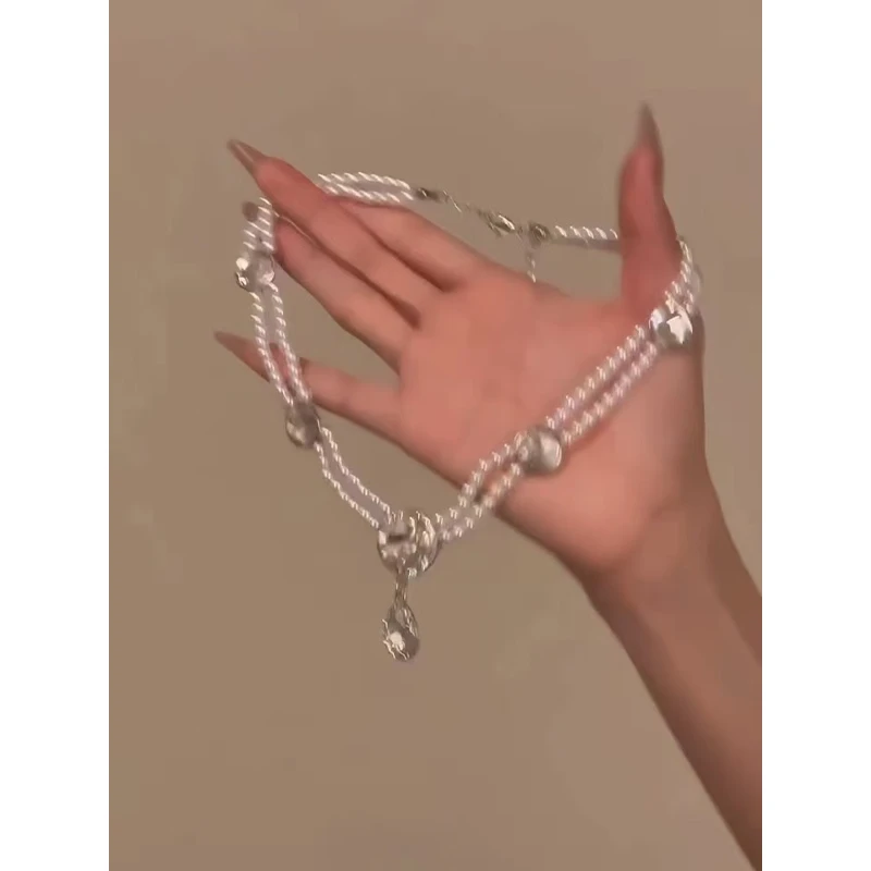 铜合金合成锆石吊坠 复古双层水滴闪钻珍珠吊坠项链女颈链锁骨链