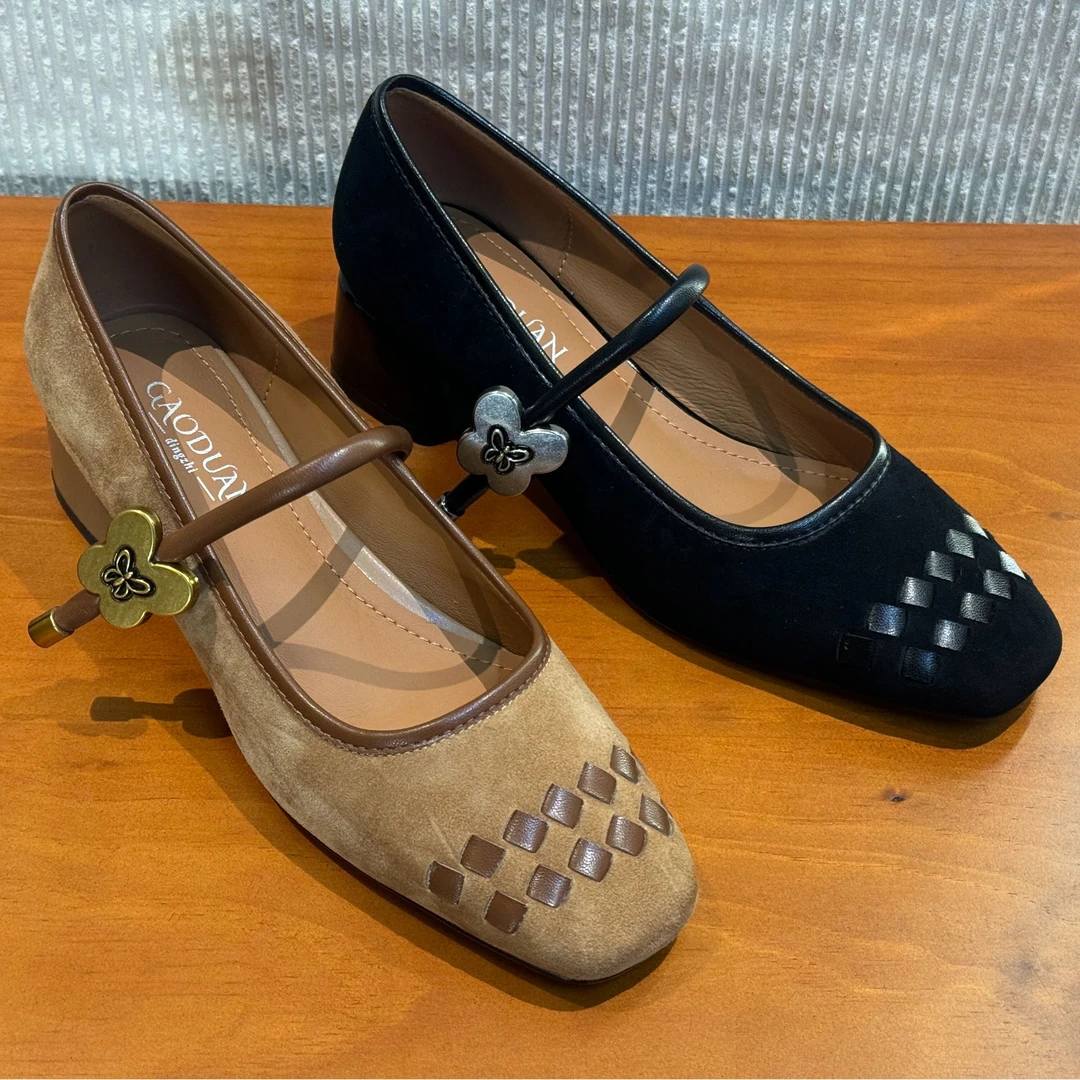 4.3cm跟高单鞋复古单鞋时尚百搭软底玛丽珍粗跟平底方头