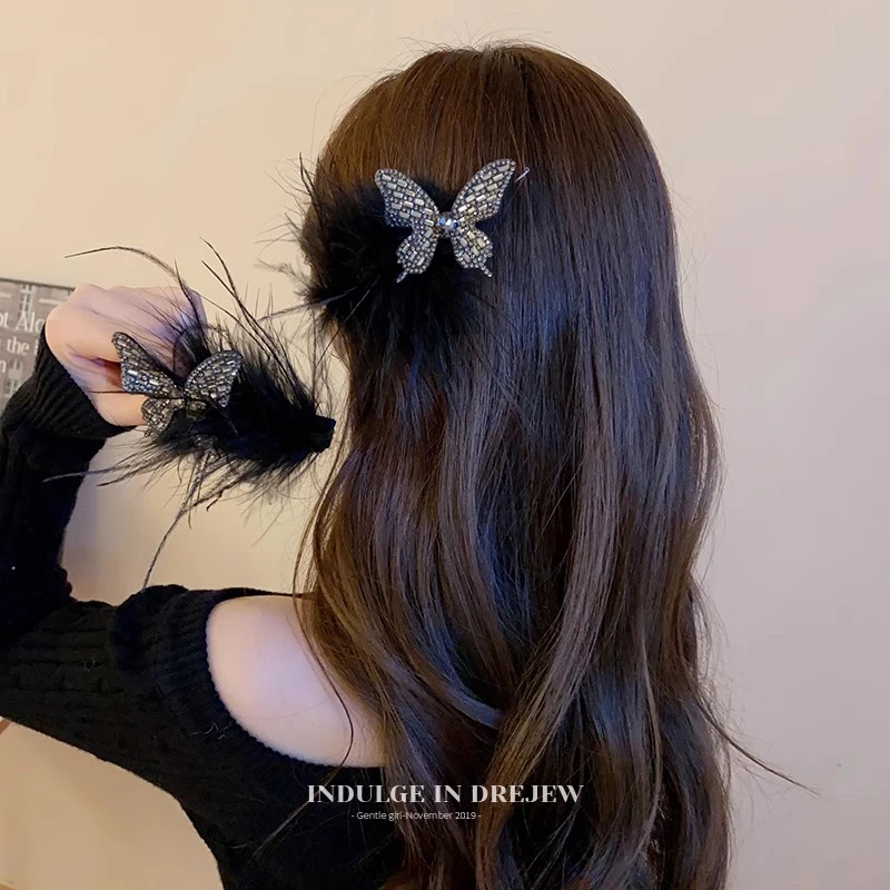 水钻蝴蝶羽毛发夹精致侧边刘海夹甜美半扎发毛毛鸭嘴夹一字夹头饰
