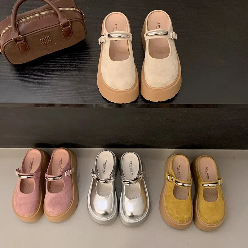 超火包头半拖鞋女外穿高级感2025新款夏松糕厚底勃肯鞋配裙子凉拖