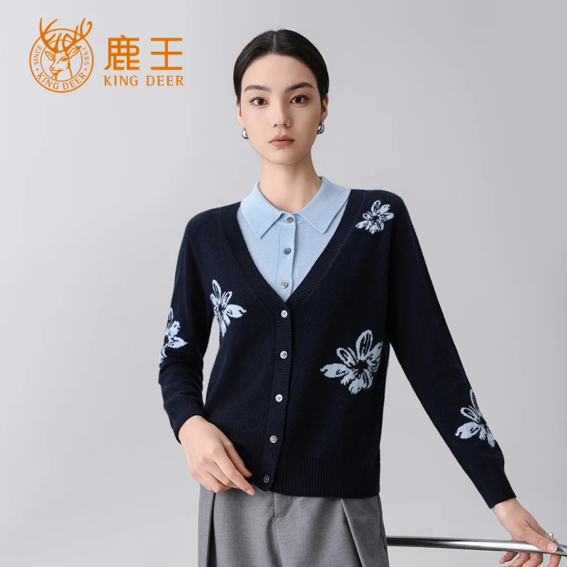 鹿王25秋冬新款女T恤领100山羊绒提花假两件休闲开衫 厚 RA217